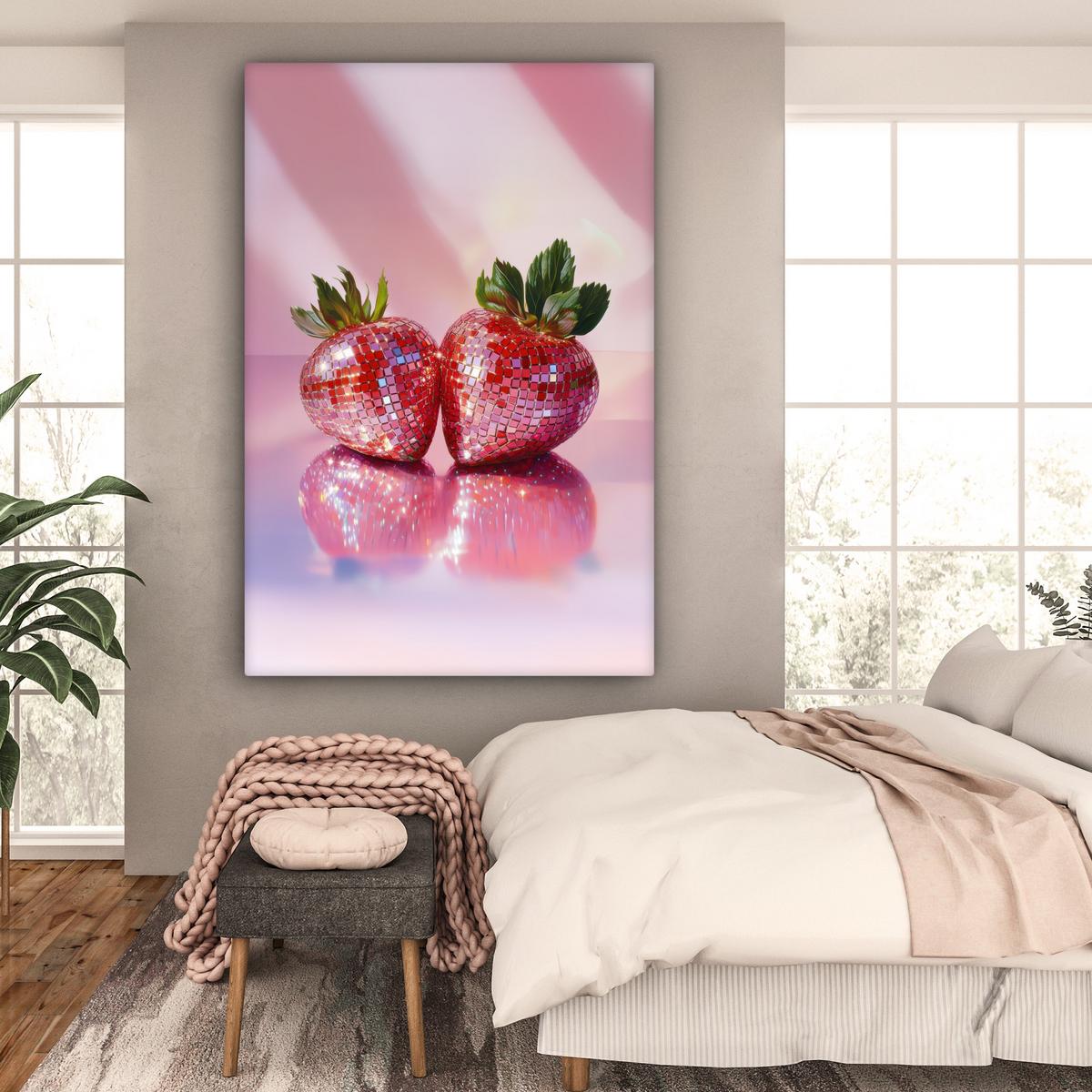 LEINWANDBILD Disco - Obst - Glitzer - Erdbeere Deko Groß 90x140 cm - Pink, Textil (90/140cm) - MuchoWow