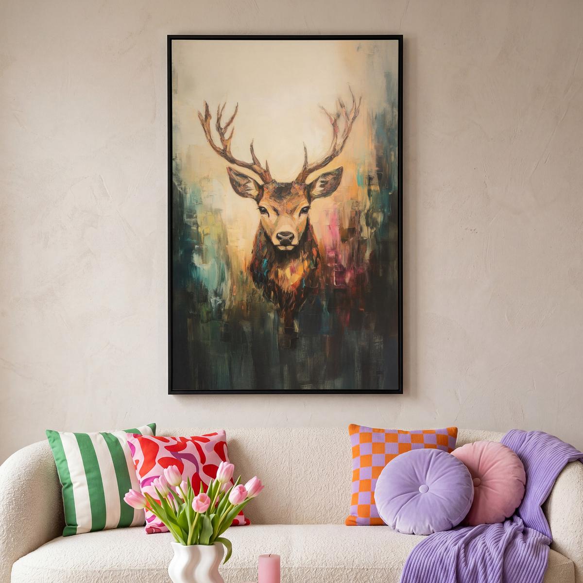 LEINWAND Bilder mit Rahmen - Hirsch - Gemalt - Geweih - Braun - 80x120 - Haselnussfarben, Textil (80/120cm) - MuchoWow