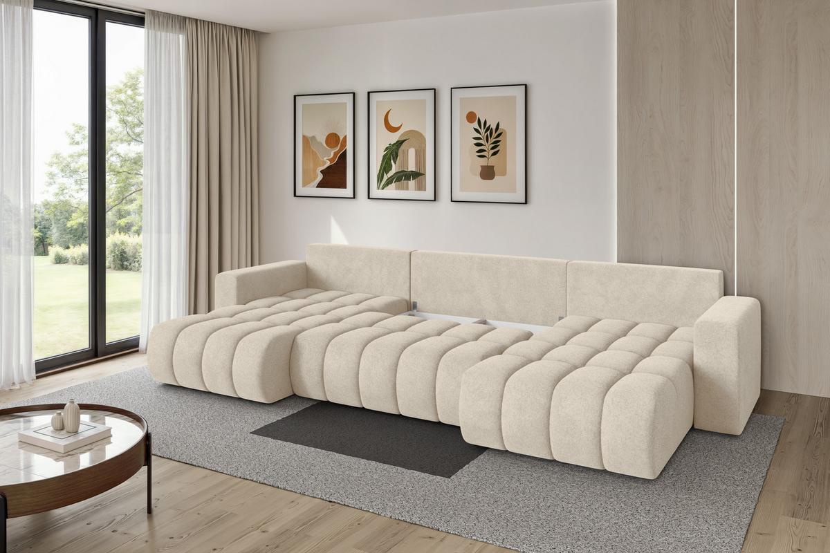 WOHNLANDSCHAFT mit Schlaffunktion und Bettkasten MILA-U-v1 378x194x86 Creme Velours - Creme/Schwarz, Holzwerkstoff/Kunststoff (378/86/194cm) - ALTDECOR