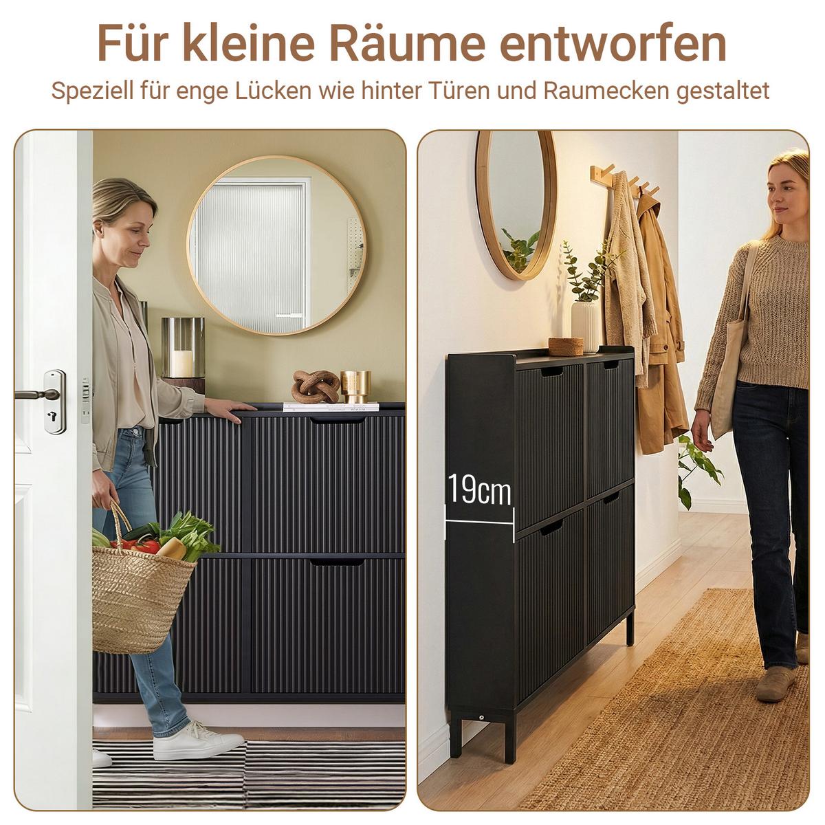 SCHUHSCHRANK schmal mit 4 Klappen 100x91x19cm Schwarz - Schwarz, Holzwerkstoff/Metall (100/91/19cm) - SoBuy