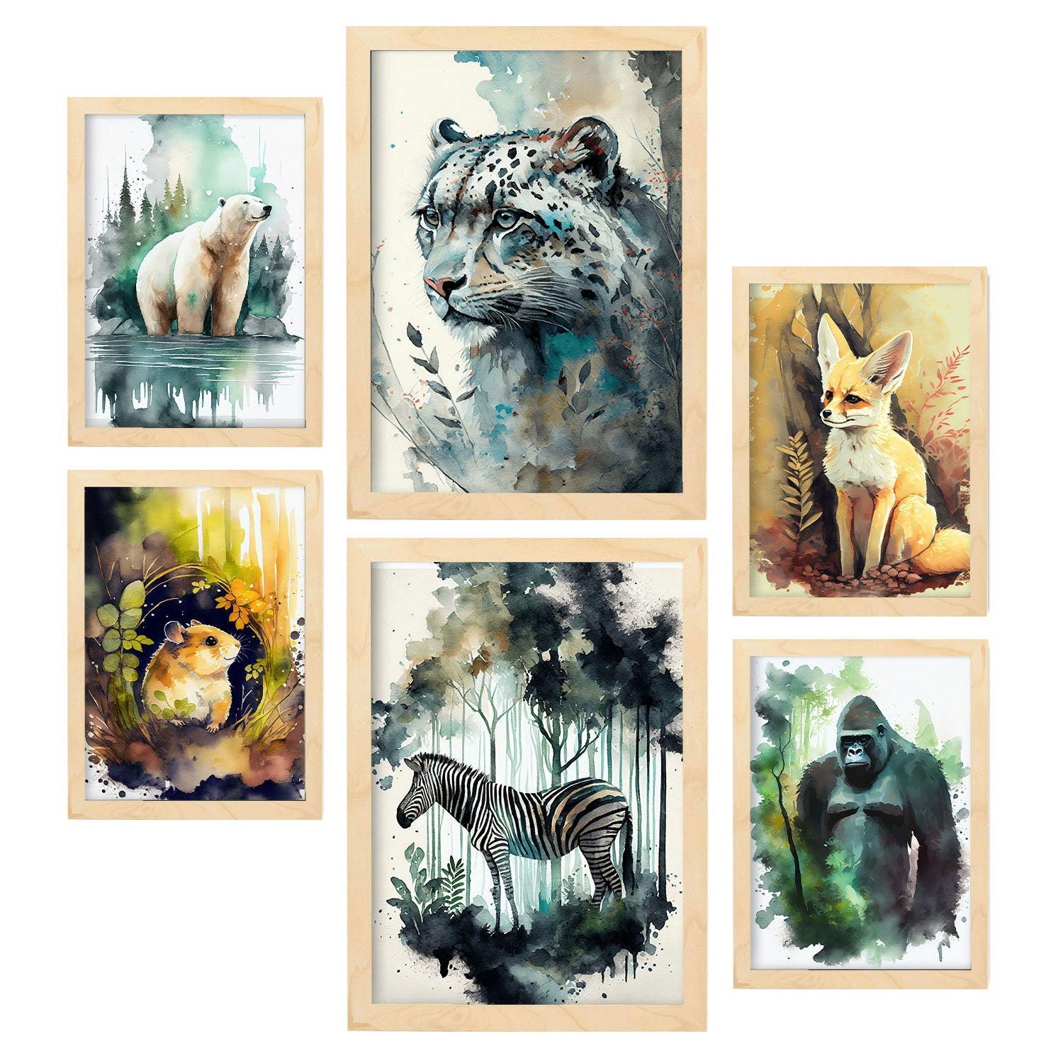 POSTER Set Mit 6 Norden Und Süden Illustrationen Von Tieren In Naturlandschaften, Realistischer Aquarellstil A3 & A4 Rahmen Aus Hellem Holz - Beige, Papier (29/3cm) - Nacnic