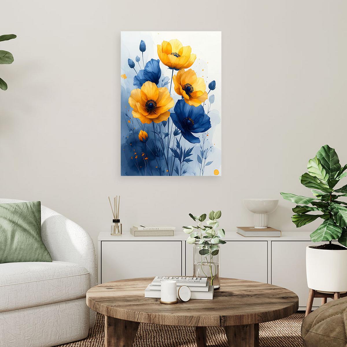LEINWANDBILDER, Gelb blaue botanische Blumen - Blau, Textil (70/100cm) - Feeby