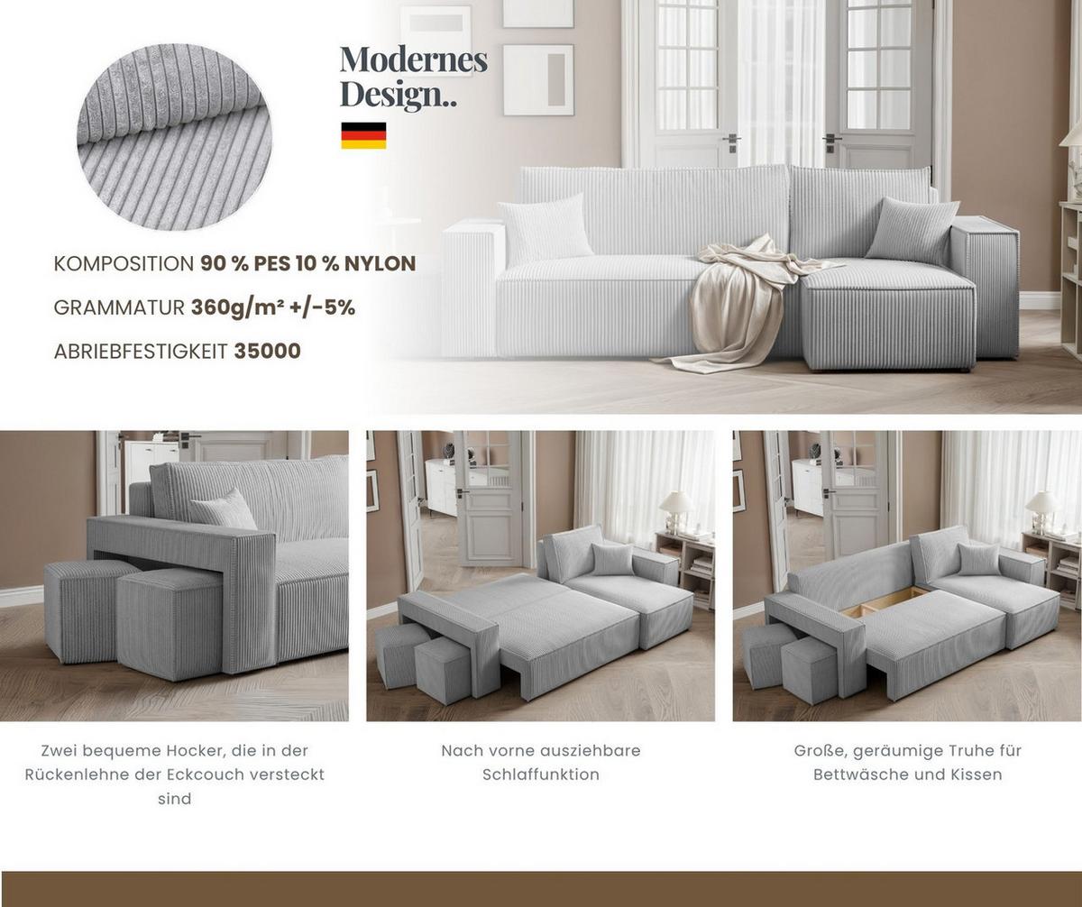 ECKSOFA PARIS mit Schlaffunktion und Bettkasten Grau - Grau, Kunststoff/Textil (262/145cm) - Idohome