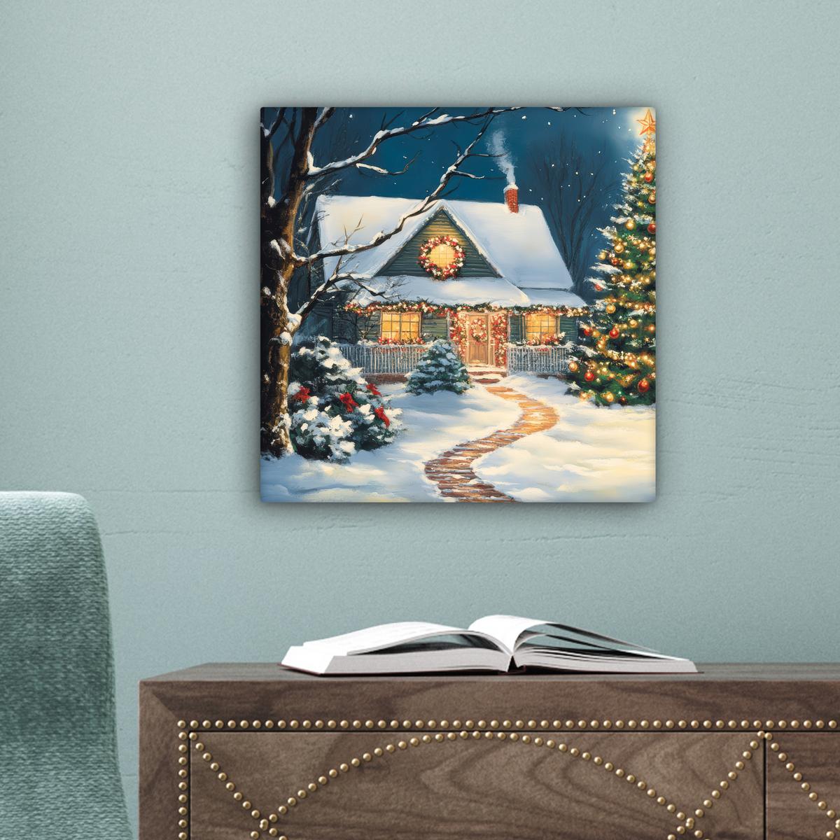 LEINWANDBILD Weihnachten - Weihnachtsbaum - Winter - Zuhause - Schnee Deko Wohnzimmer 20x20 cm - Smaragdgrün, Textil (20/20cm) - MuchoWow