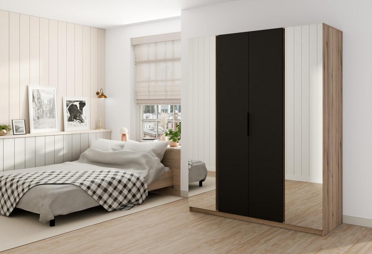 KLEIDERSCHRANK Nehir Eiche Evoke/Schwarz 200 cm - 4T Modern mit 2 Spiegeln außen - Eichefarben/Schwarz, Holzwerkstoff/Kunststoff (200/239/61.9cm) - AX Living