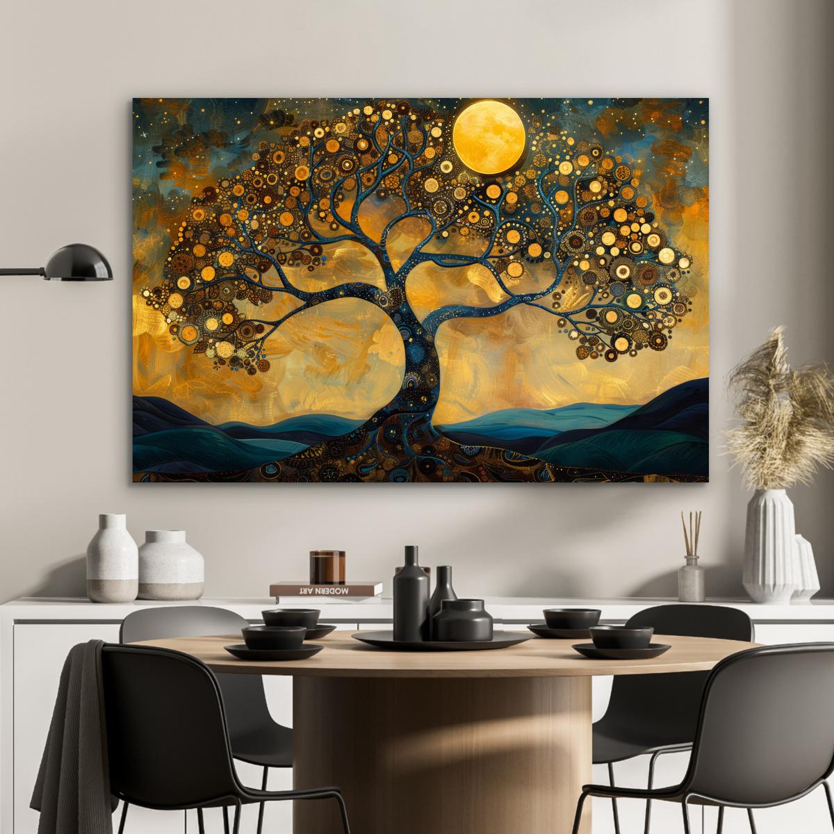 METALLBILD Baum - Mond - Blumen - Gold - Kunst Wanddeko 90x60 cm - Orange, Metall (90/60cm) - MuchoWow
