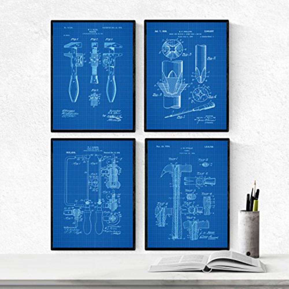 POSTER Set mit 4 Blau Werkzeug Patenten A4 Schwarzer Rahmen - Schwarz, Papier (29.7/3cm) - Nacnic
