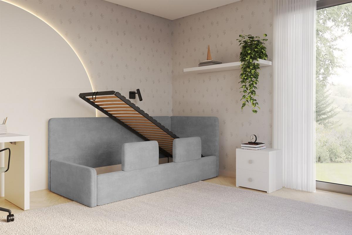 EINZELLBETT Jugendbett mit Bettkasten und Matratze H3/H4, Links - NORY 80x200 Grau - Hellgrau, Holzwerkstoff/Textil (80/200cm) - ALTDECOR