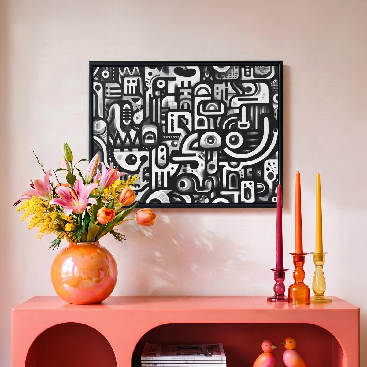 LEINWAND Bilder mit Rahmen - Symbole - Abstrakt - Grafik - Schwarz - 40x30 - Schwarz, Textil (40/30cm) - MuchoWow
