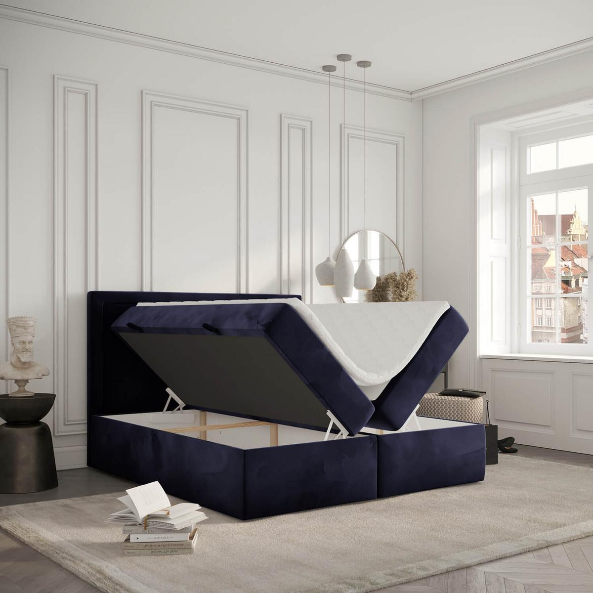 BOXBETT Jodan 180/200 cm Marineblau im Magic Velvet Stoff - Schwarz/Dunkelblau, Holz/Holzwerkstoff (180/200cm) - AltaBeds