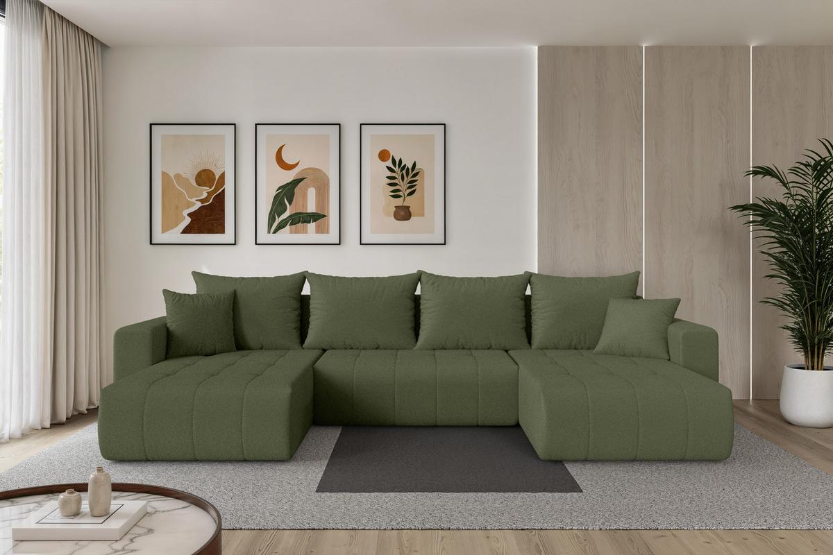WOHNLANDSCHAFT mit Schlaffunktion und Bettkasten MILA-U 378x194x86 Grün Bouclé - Schwarz/Olivgrün, Holzwerkstoff/Kunststoff (378/86/194cm) - ALTDECOR