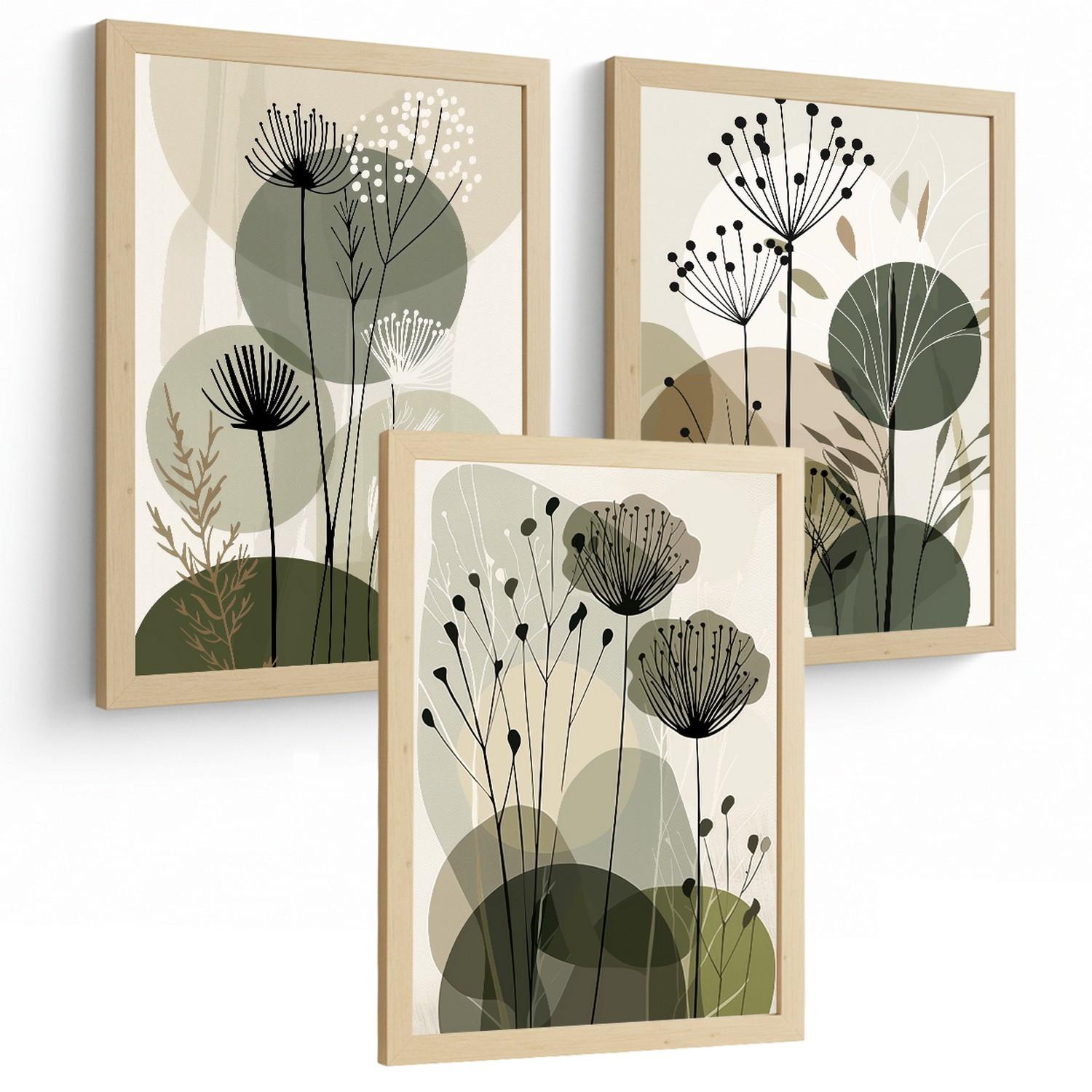 POSTER 4er Kunstdruck-Set Wandbilder Blumen Botanisch modern Wohnzimmer Deko, Schlafzimmer, Küche, Badezimmer Leichter Holzrahmen A4 - Beige, Papier (29.7/1/21cm) - Nacnic