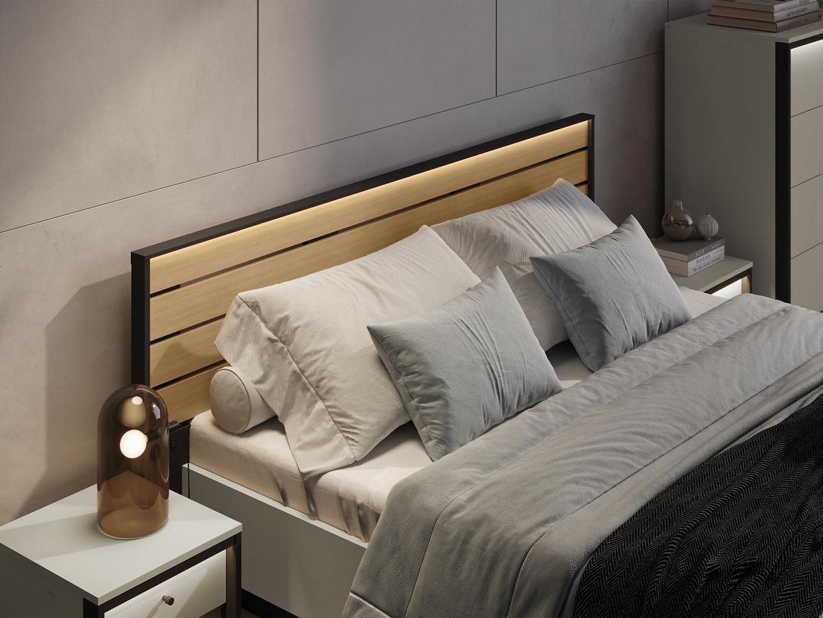 BETT Enna EN-02 - Sandfarben/Schwarz, Holzwerkstoff/Kunststoff (160/200cm) - MIRJAN24