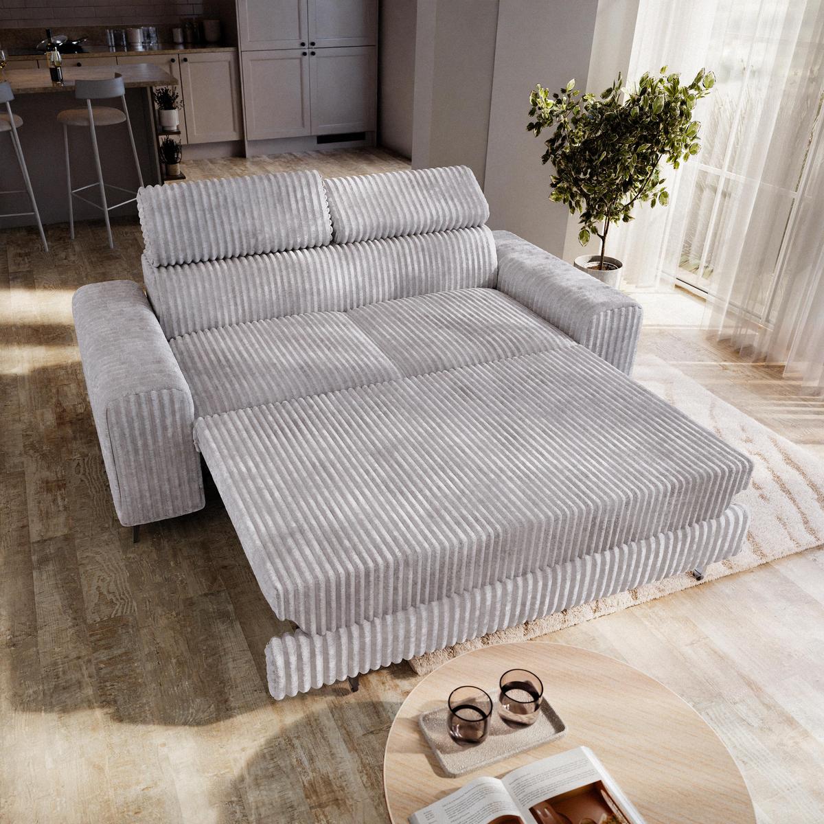 BETTSOFA BENETE Hellgrau Cordstoff mit Schlaffunktion - Hellgrau, Holz/Textil (191/89/92cm) - MASSENO