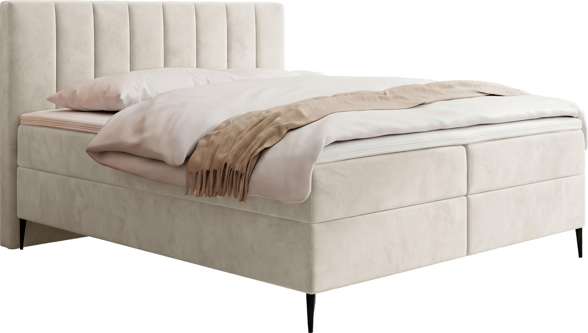 BOXBETT Allen mit Bettkasten, Samt Creme 140x200 cm – inkl. H4 Taschenfederkern Matratze & Foam Topper - Beige/Creme, Holz/Textil (140/200cm) - WFL GROUP