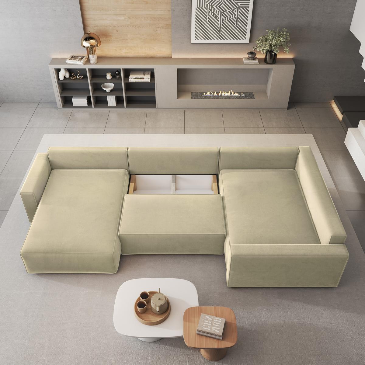 WOHNLANDSCHAFT VELAMI R-S Creme Velours-Stoff mit Schlaffunktion - Creme, Holz (365/83/194cm) - MASSENO