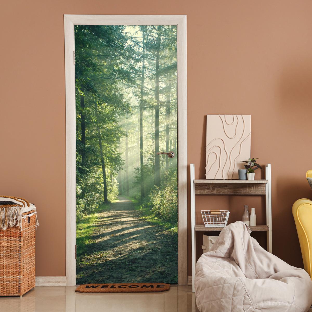 TÜRAUFKLEBER Wald - Weg - Sonne - Bäume - Grün - Natur 80x215 cm - Türtapete - Waldgrün, Kunststoff (80/0.1cm) - MuchoWow