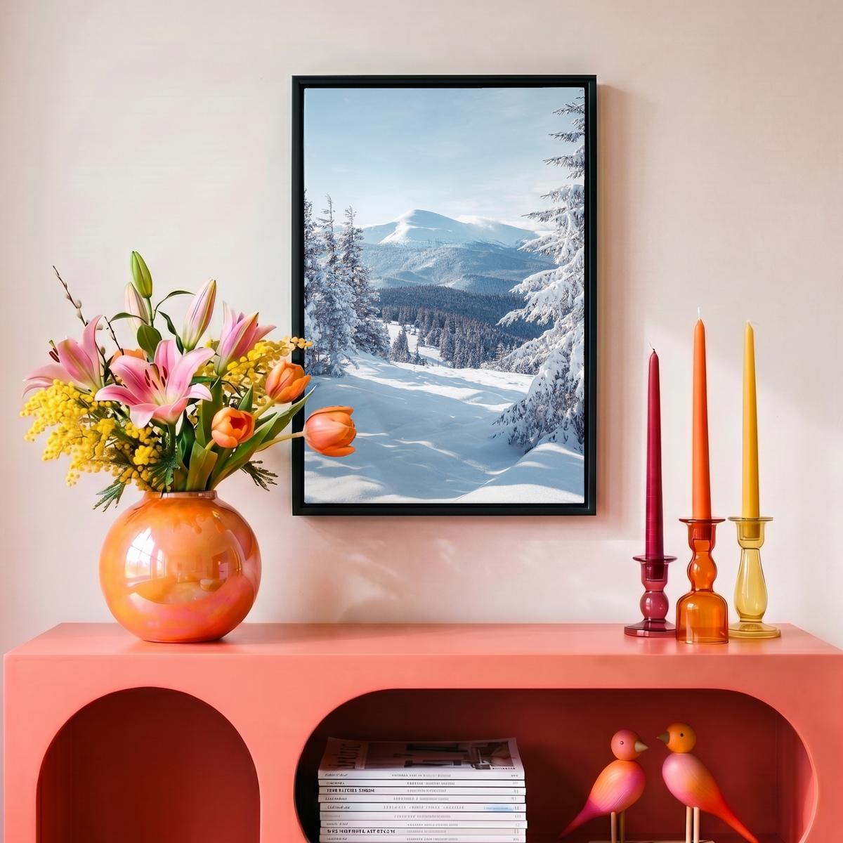 LEINWAND Bilder mit Rahmen - Winterlandschaft - Natur - Berge - Bäume - Schnee - 20x30 - Hellblau, Textil (20/30cm) - MuchoWow