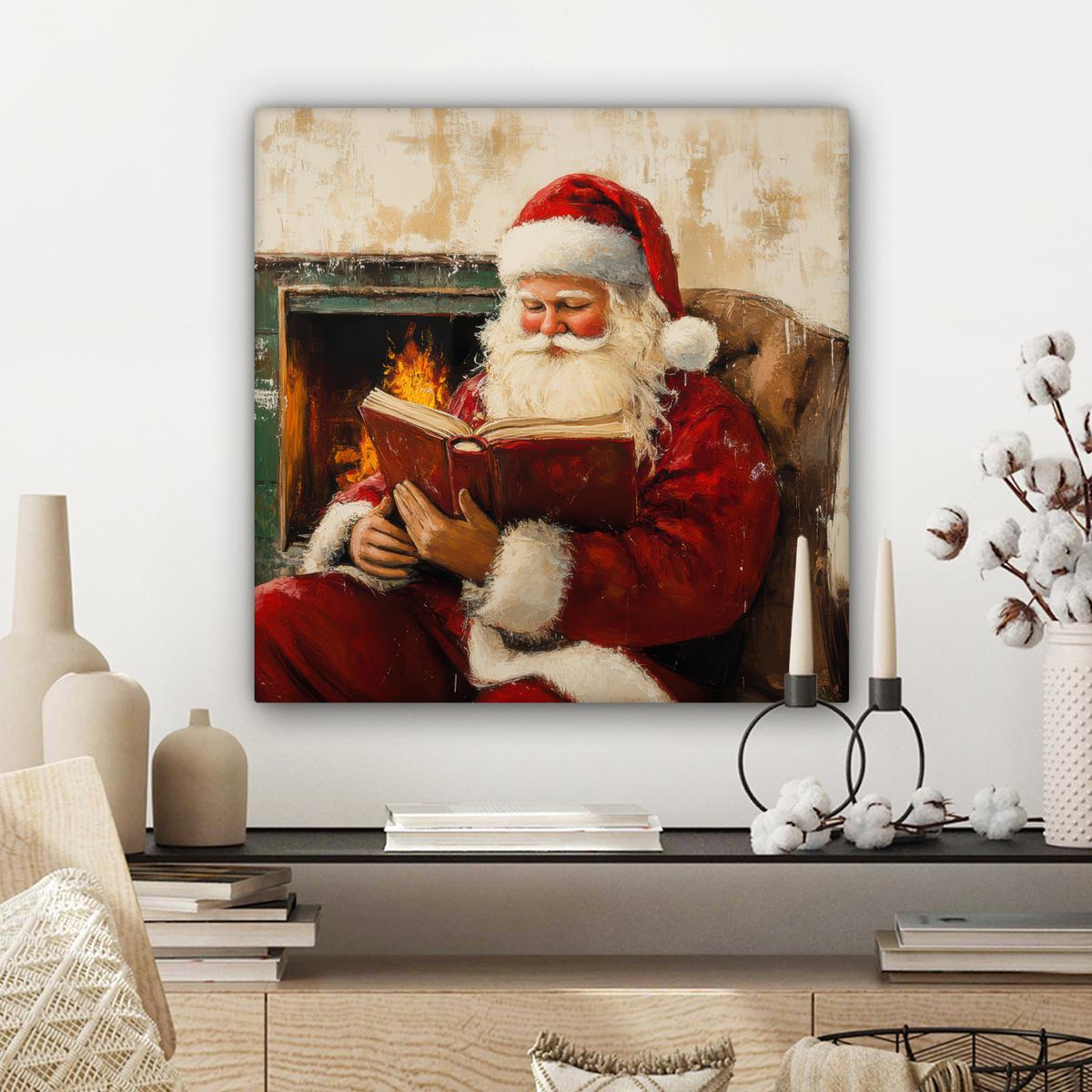 LEINWANDBILD Weihnachten - Weihnachtsmann - Winter - Open Fireside Wandbild Wohnzimmer 50x50 cm - Dunkelrot, Textil (50/50cm) - MuchoWow