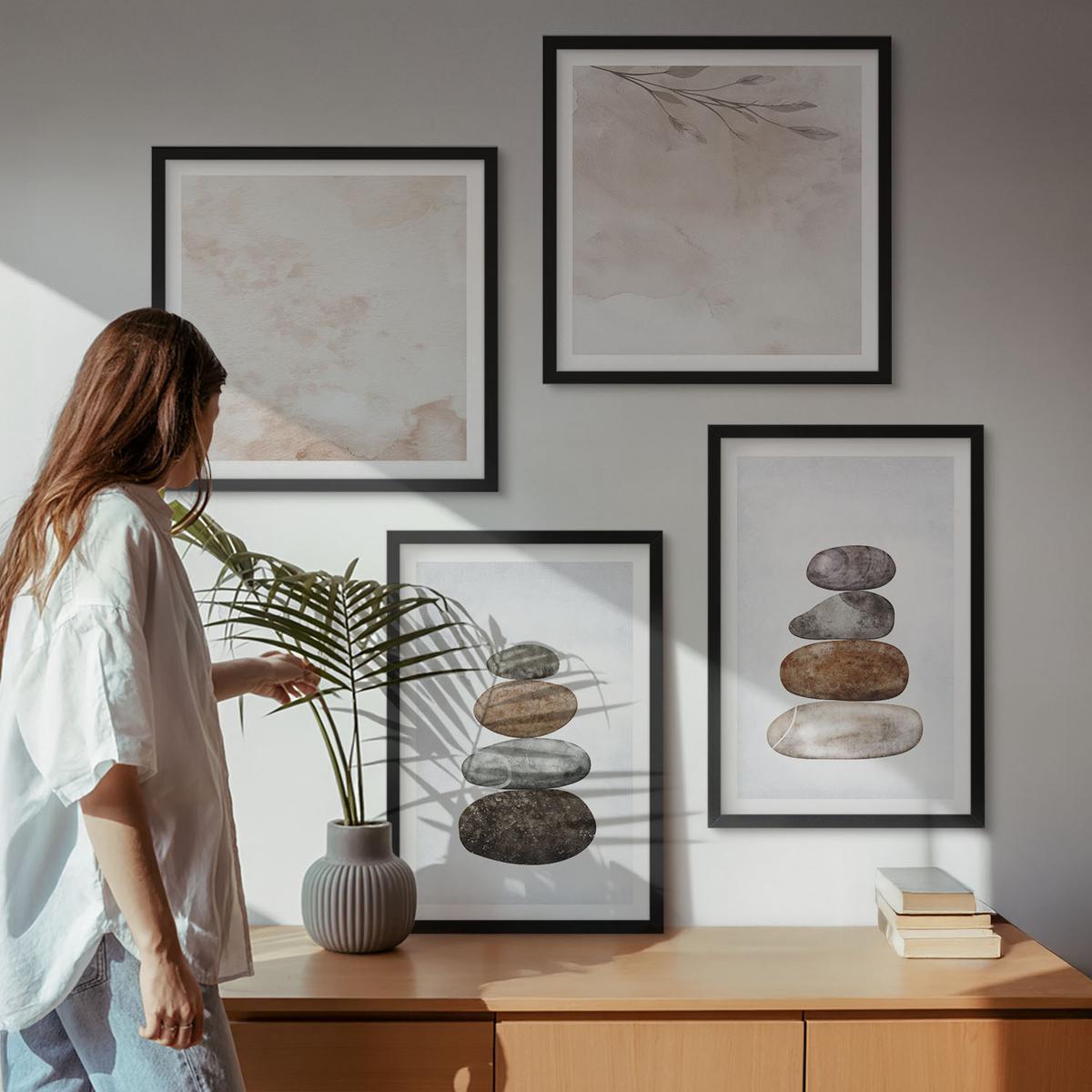 BILDER SET 4er Set - 50x50 cm & 40x60 cm Schwarzer Rahmen - Steinstapel-Boho-Malerei - Schwarz, Kunststoff (50/50cm) - TULUP
