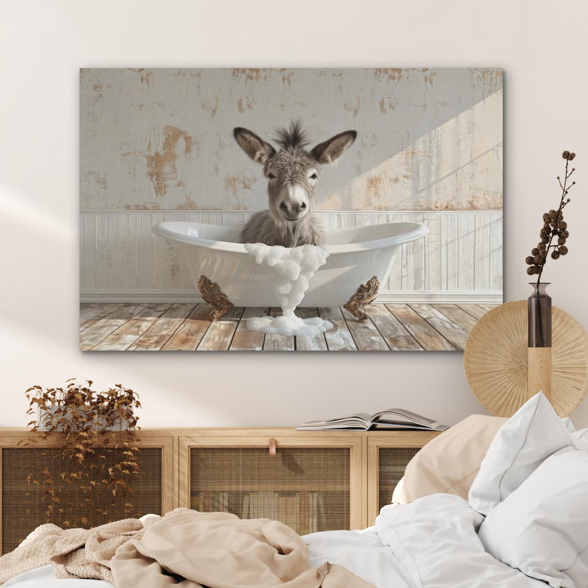 AKUSTIKBILD Esel - Tiere - Badewanne - Schaumstoff Wandbild Wohnzimmer 100x70 cm - Weiß, Kunststoff (100/70/0.9cm) - MuchoWow