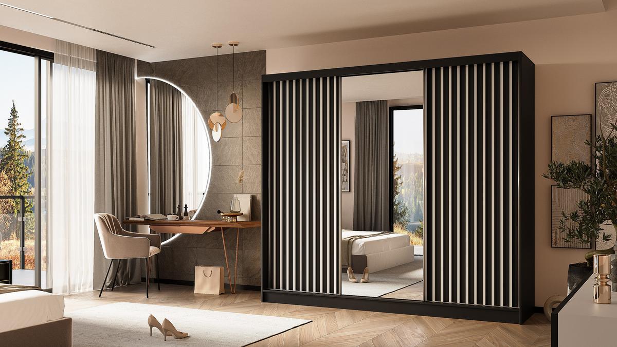 KLEIDERSCHRANK mit Spiegel-Schiebetüren und Aluminium-Leisten, LED-Beleuchtung - LAMELO - 240 cm Schwarz+Schwarz+Weiß - Schwarz/Weiß, Holzwerkstoff (240/216/61cm) - ALTDECOR