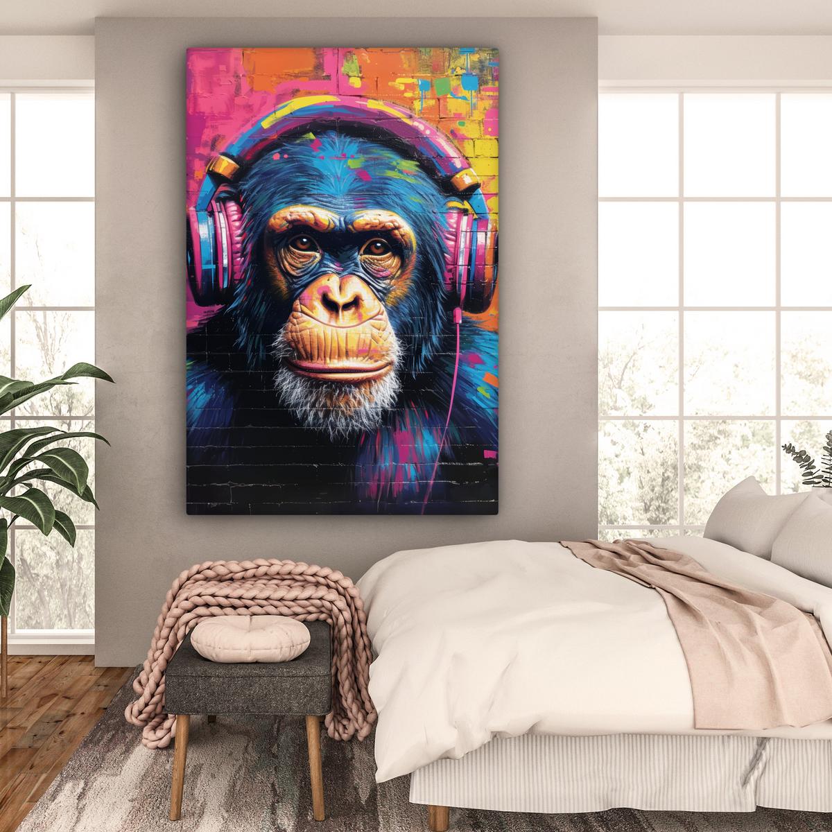 LEINWANDBILD Graffiti - Schimpanse - Straßenkunst - Kopfhörer - Affe Deko Groß 90x140 cm - Blau, Textil (90/140cm) - MuchoWow
