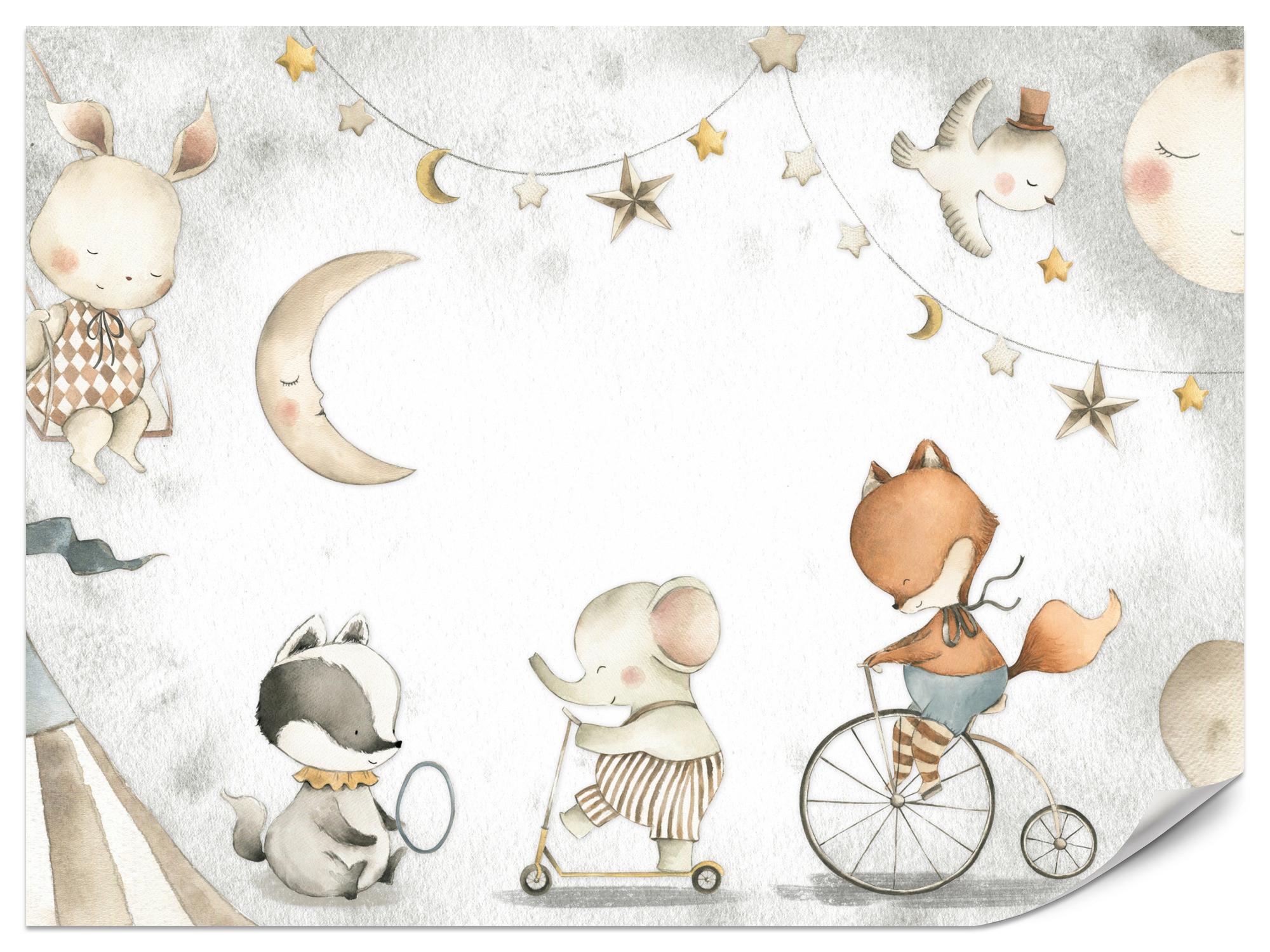 FOTOTAPETE für Kinderzimmer Zirkus Tiere Elefant Fuchs Monde Sterne 100x70 - Gelb/Beige, Papier (100/70cm) - Muralo
