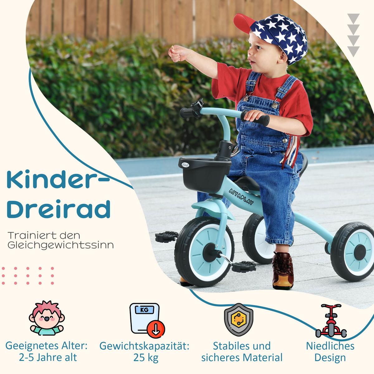 DREIRAD, Kinderfahrrad mit verstellbarer Sitz, Kinderrad für Kinder 2-5 Jahre - Blau, Metall (70.5/53/58cm) - AIYAPLAY