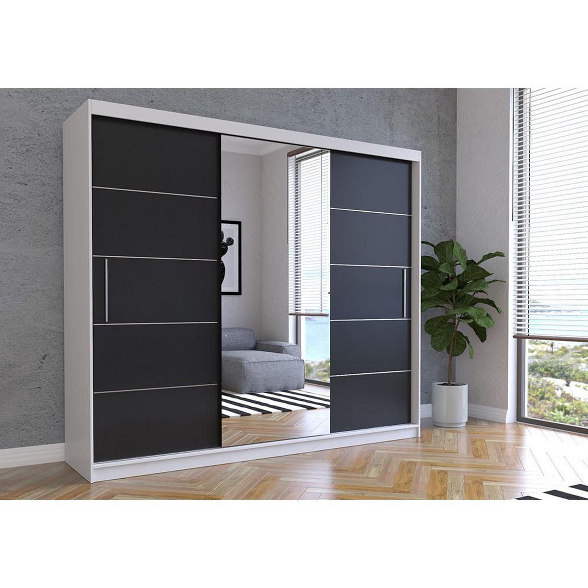 SCHWEBETÜRENSCHRANK ALBA Weiß, Schwarz + Spiegel, ohne LED Beleuchtung 250 cm - Schwarz/Alufarben, Glas/Holzwerkstoff (250/218/61cm) - imoebel24
