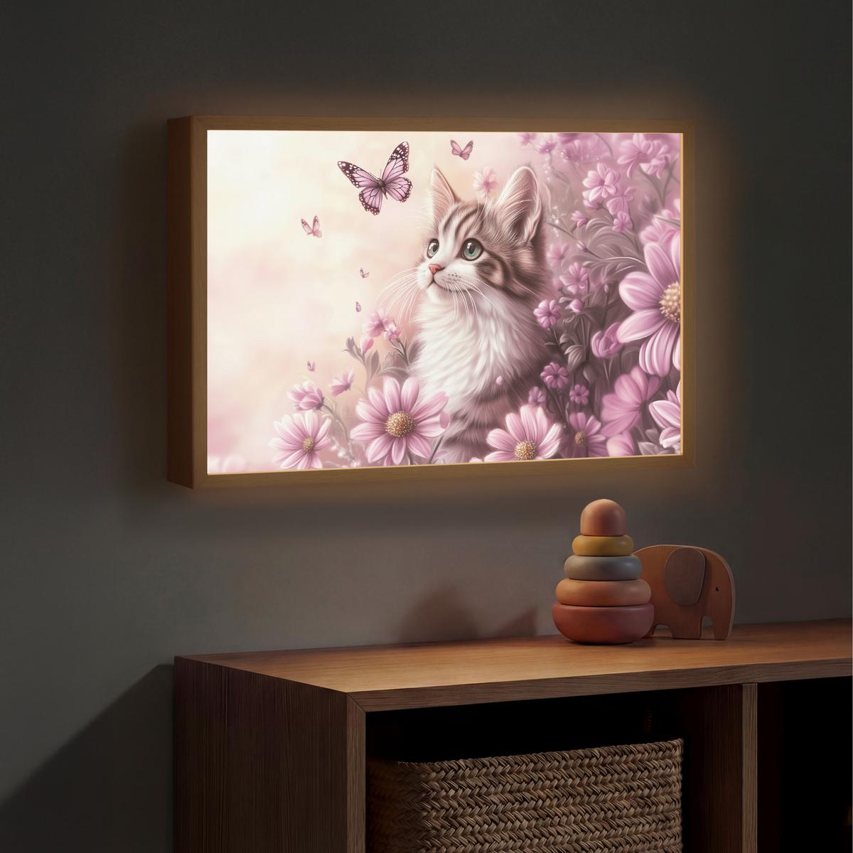 WANDLEUCHTE MIT AKKU Kätzchen - Blumen - Schmetterlinge - Lila 60x40 cm - Altrosa, Holzwerkstoff (60/40/8cm) - OnlyWow