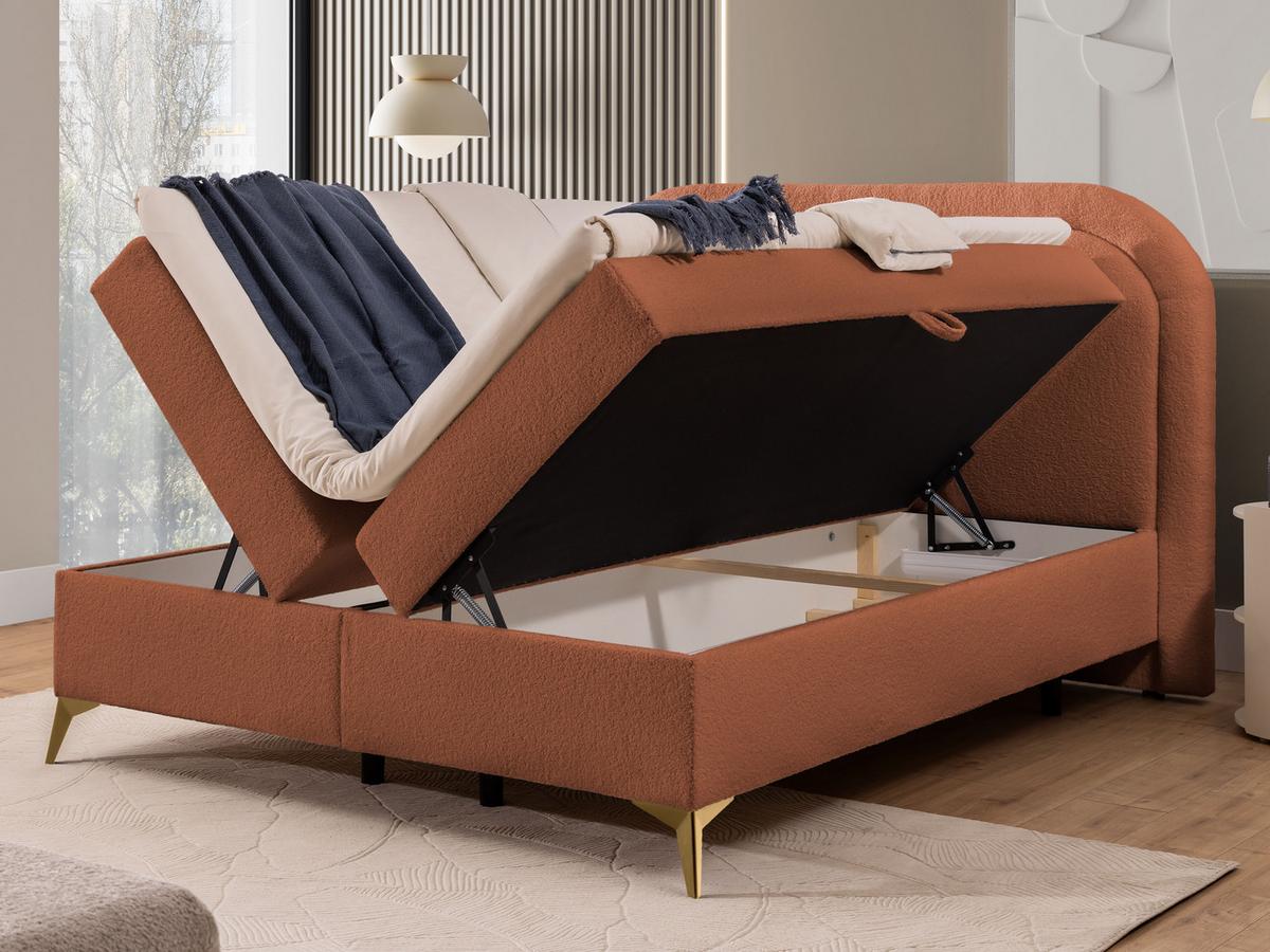 BOXBETT Sonna 180/200 cm Terrakotta Bouclé-Stoff mit abgerundetem Kopfteil und mit goldenen Metallfüßen - Terracotta/Goldfarben, Holz/Textil (180/200cm) - S-Style Möbel
