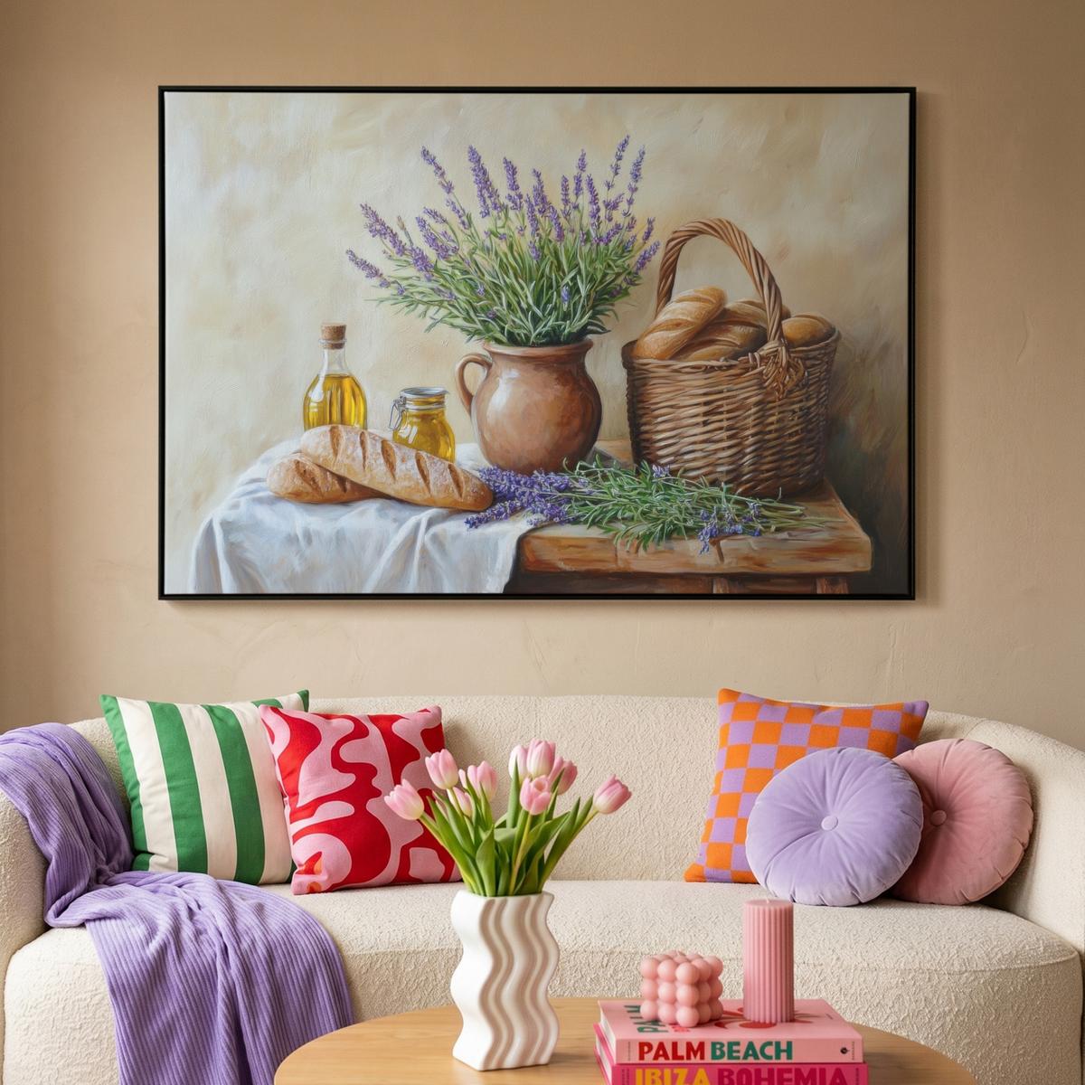 LEINWAND Bilder mit Rahmen - Lavendel - Brot - Stilleben - 150x100 - Flieder, Textil (150/100cm) - MuchoWow