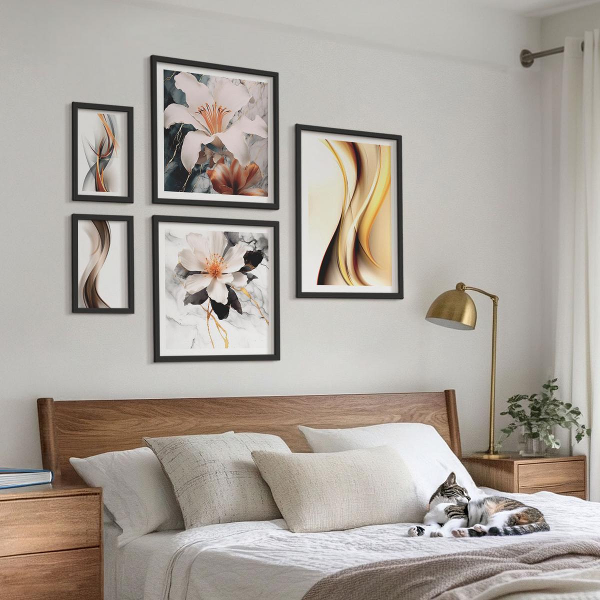 BILDER SET 5er Set - 50x50 cm & 20x30 cm & 40x60 cm Schwarzer Rahmen - Charmante Straßen und Pizza - Schwarz, Kunststoff (40/60cm) - TULUP