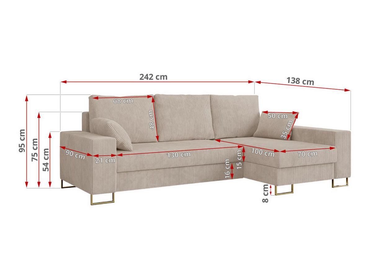 ECKSOFA Dorian Cord Beige - Beige/Goldfarben, Textil/Metall (242/138cm) - MKS