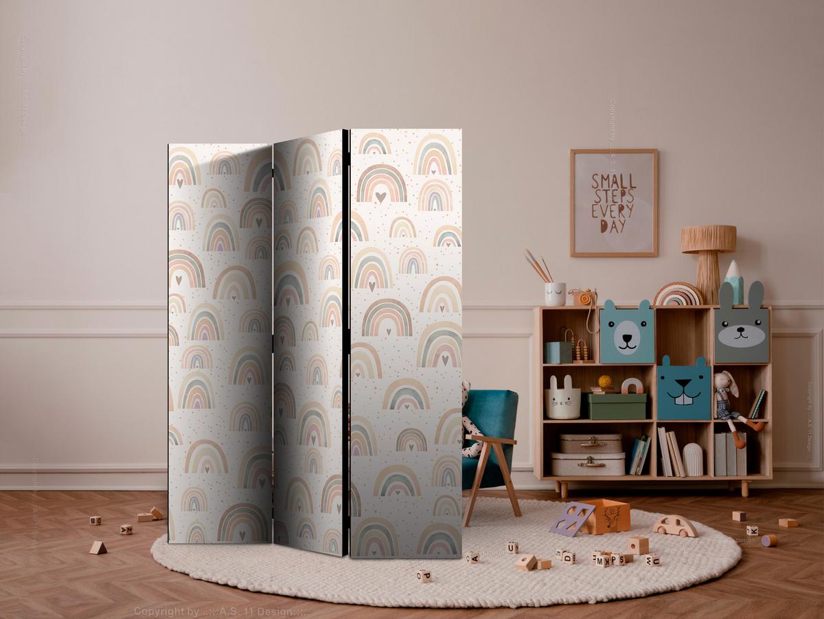 PARAVENT Einseitig Bedruckter 3-tlg 135x172 cm Regenbogen Herzen Boho - Beige, Holz/Textil (135/172/3cm) - Muralo