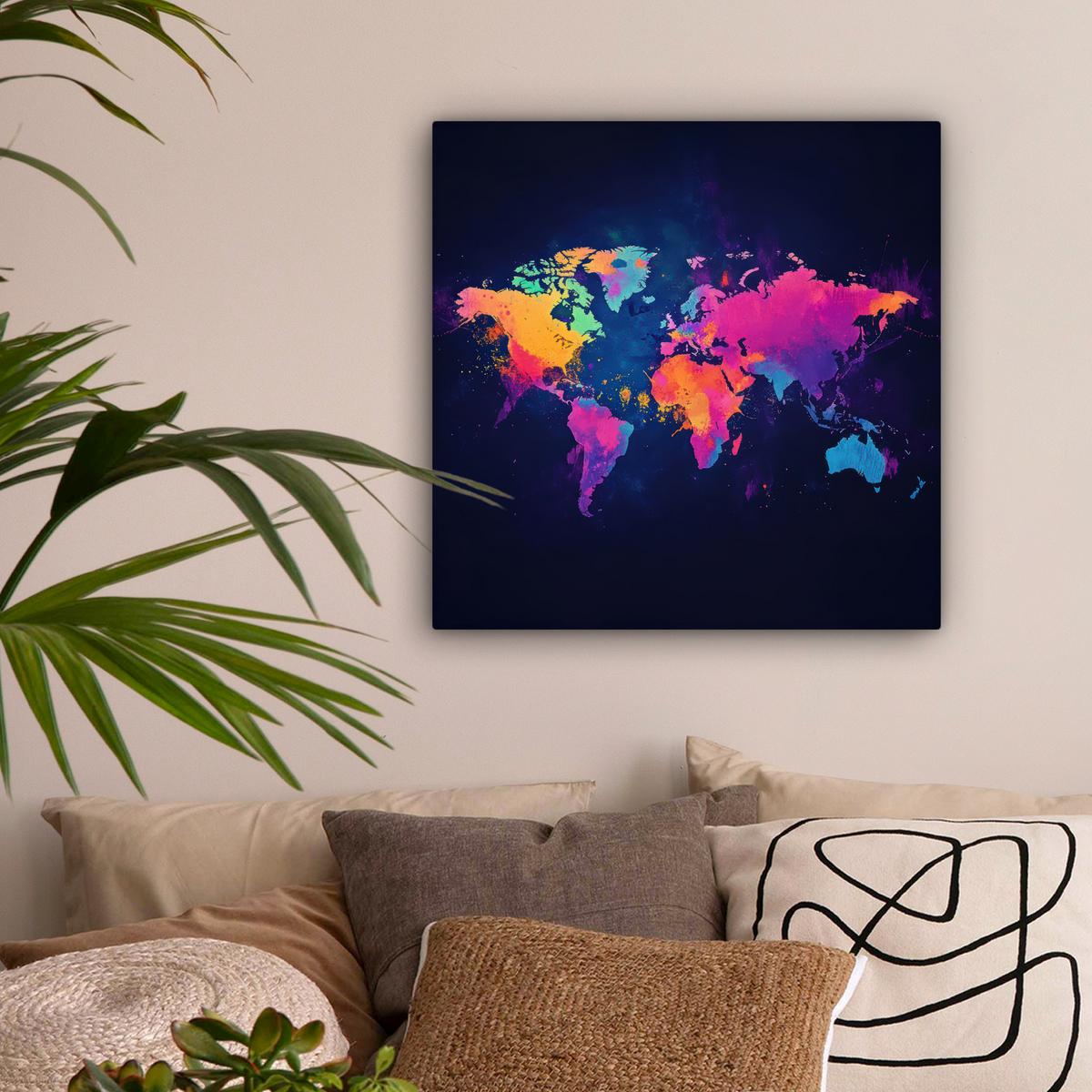LEINWANDBILD Weltkarte - Bunt - Graffiti Wandbild Wohnzimmer 50x50 cm - Multicolor, Textil (50/50cm) - MuchoWow