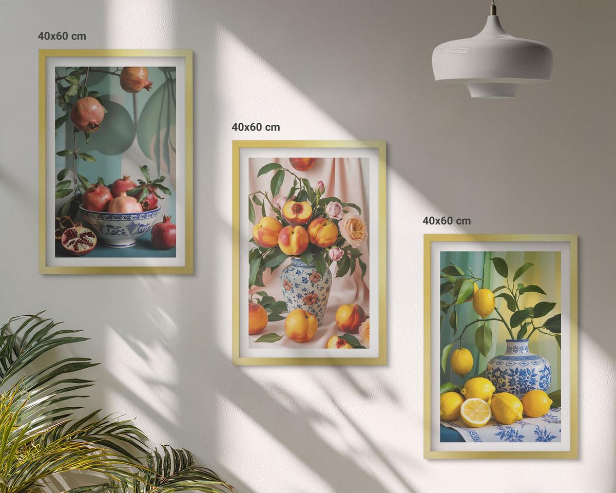 BILDER SET 3er Set - 40x60 cm Goldrahmen - Granatäpfel, Pfirsiche, Zitronen - Goldfarben, Kunststoff (40/60cm) - TULUP