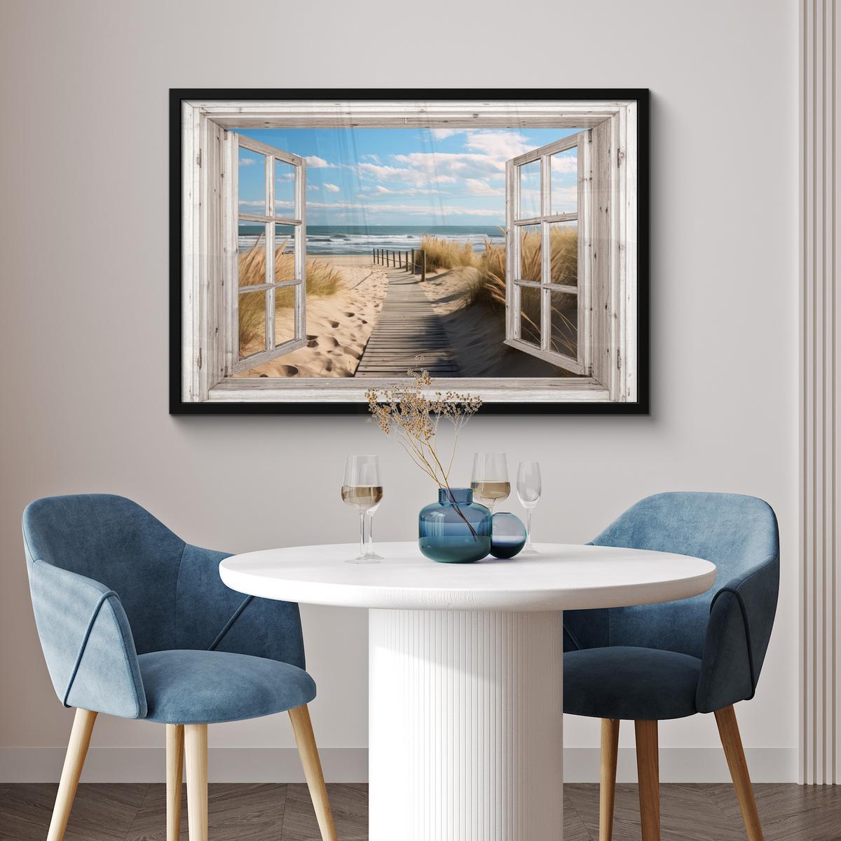 POSTER MIT RAHMENGERAHMTES BILD Fenster - Meer - Küste - Natur - Ausblick - Strand - Wattenmeer 90x60 cm - Beige, Papier (90/60cm) - MuchoWow