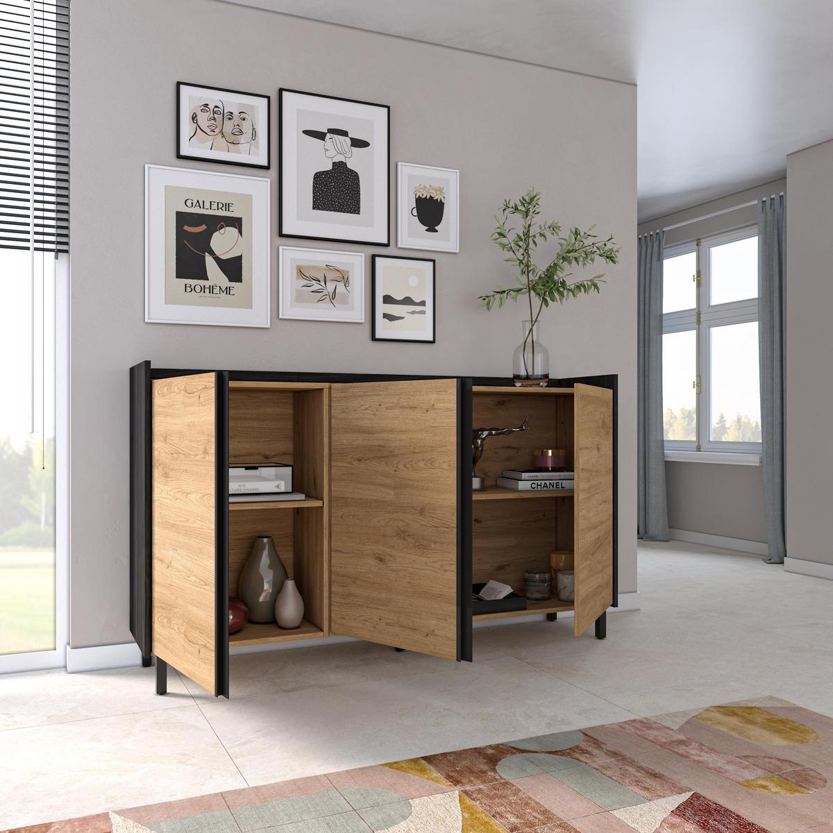 SIDEBOARD, Eiche und Schwarz, 156/35/91cm, mit Beinen - Eichefarben, Holzwerkstoff (156/91/35cm) - Skraut Home