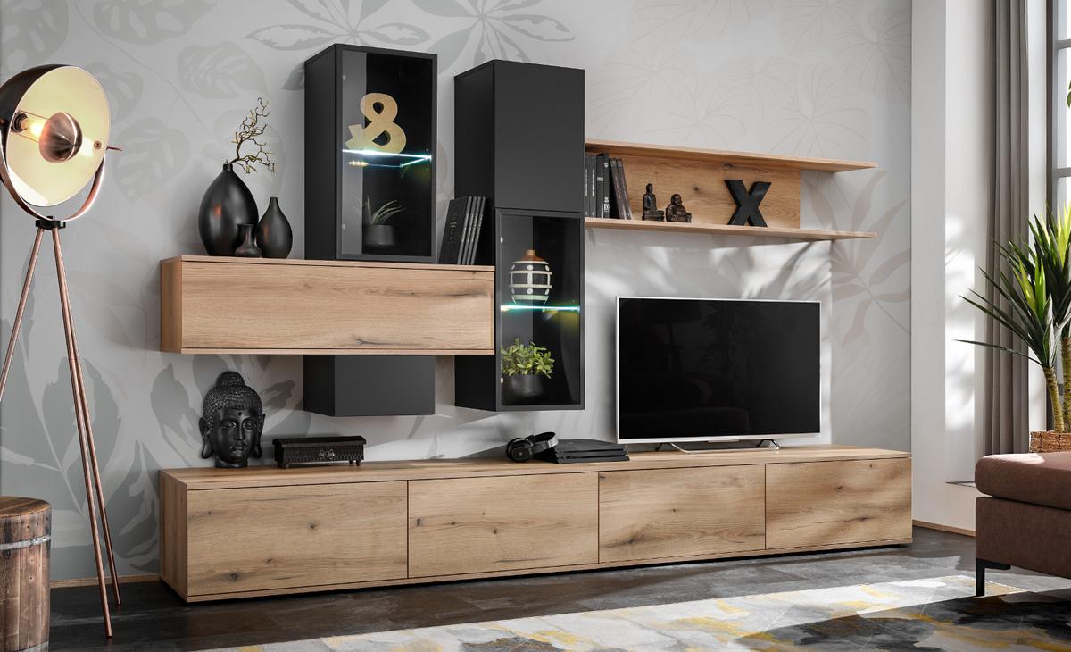 WOHNWAND Eiche, schwarz 280 cm, Schrankwand mit Push-to-Open inklusive Beleuchtung - Eichefarben/Schwarz, Glas/Holzwerkstoff (280/180/45cm) - Furn.Design