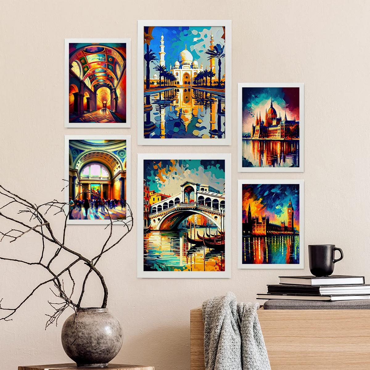POSTER Set Mit 6 Fluss Im Ölgemälde Stil A3 & A4 Weißer Rahmen - Weiß, Papier (29/3cm) - Nacnic