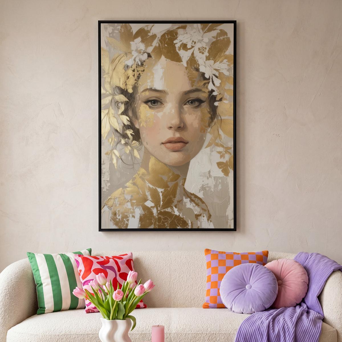 LEINWAND Bilder mit Rahmen - Gesicht - Frau - Blätter - Gold - 90x140 - Beige, Textil (90/140cm) - MuchoWow