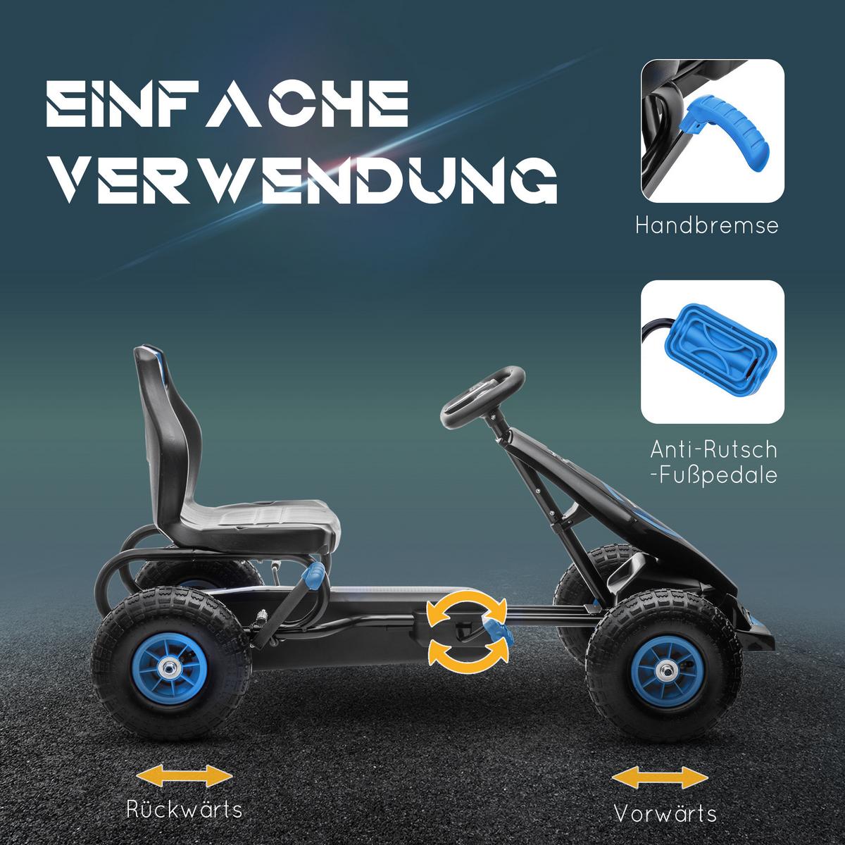 GOKART, Kinderfahrzeug mit verstellbarem Schalensitz, Tretauto, Grün+Schwarz - Blau, Metall (121/58/61cm) - HOMCOM