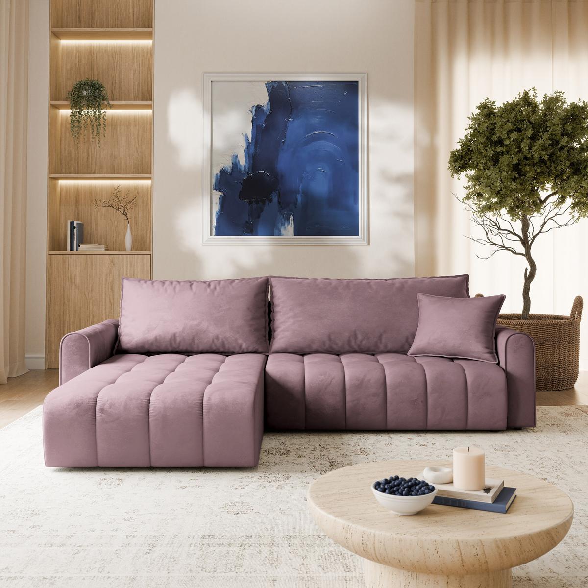 ECKSOFA FRIGA Lila Velours-Stoff mit Schlaffunktion - Lila, Holz (283/185cm) - MASSENO