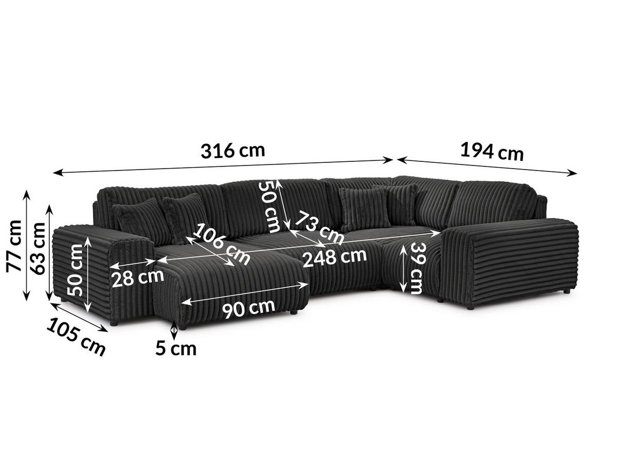 WOHNLANDSCHAFT Mollis Dunkelgrau Plüschcord im XXL-Format - Ottomane Links - Dunkelgrau/Schwarz, Holz/Kunststoff (316/77/194cm) - S-Style Möbel