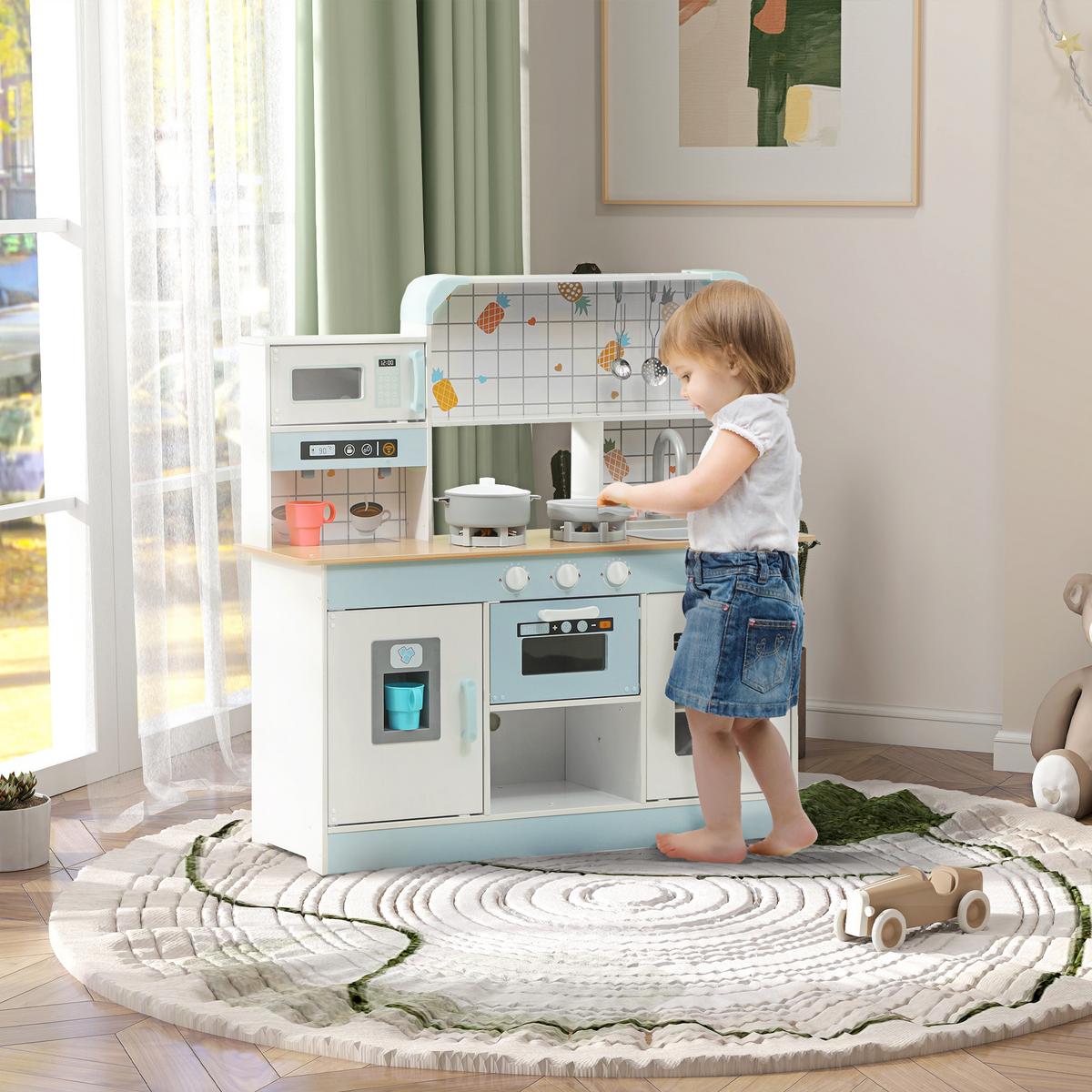 KINDERKÜCHE, Spielküche mit Lichtern, Geräuschen, Kaffeemaschine, Weiß - Weiß, Holzwerkstoff (88.6/31.7/90.4cm) - AIYAPLAY