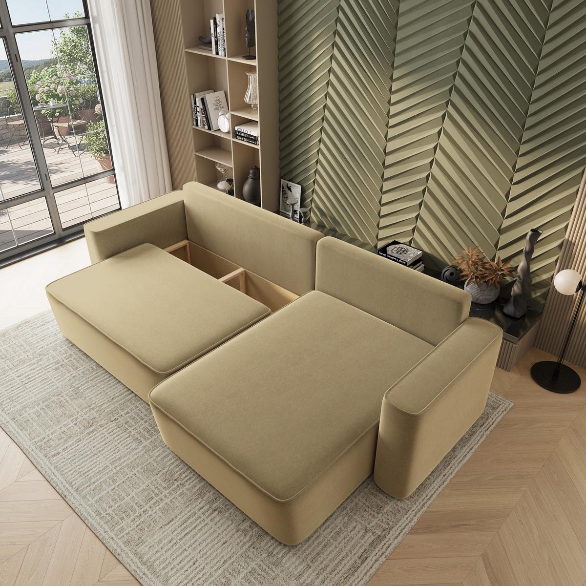 ECKSOFA BELARO CL Senfgelb Samtstoff mit Schlaffunktion - Currygelb, Holzwerkstoff/Textil (280/162cm) - MASSENO