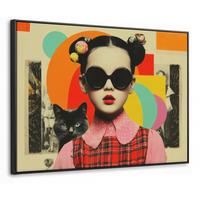 LEINWAND Bilder mit Rahmen - Mädchen - Sonnenbrille - Katze - Retro - 100x70 - Beige, Textil (100/70cm) - MuchoWow
