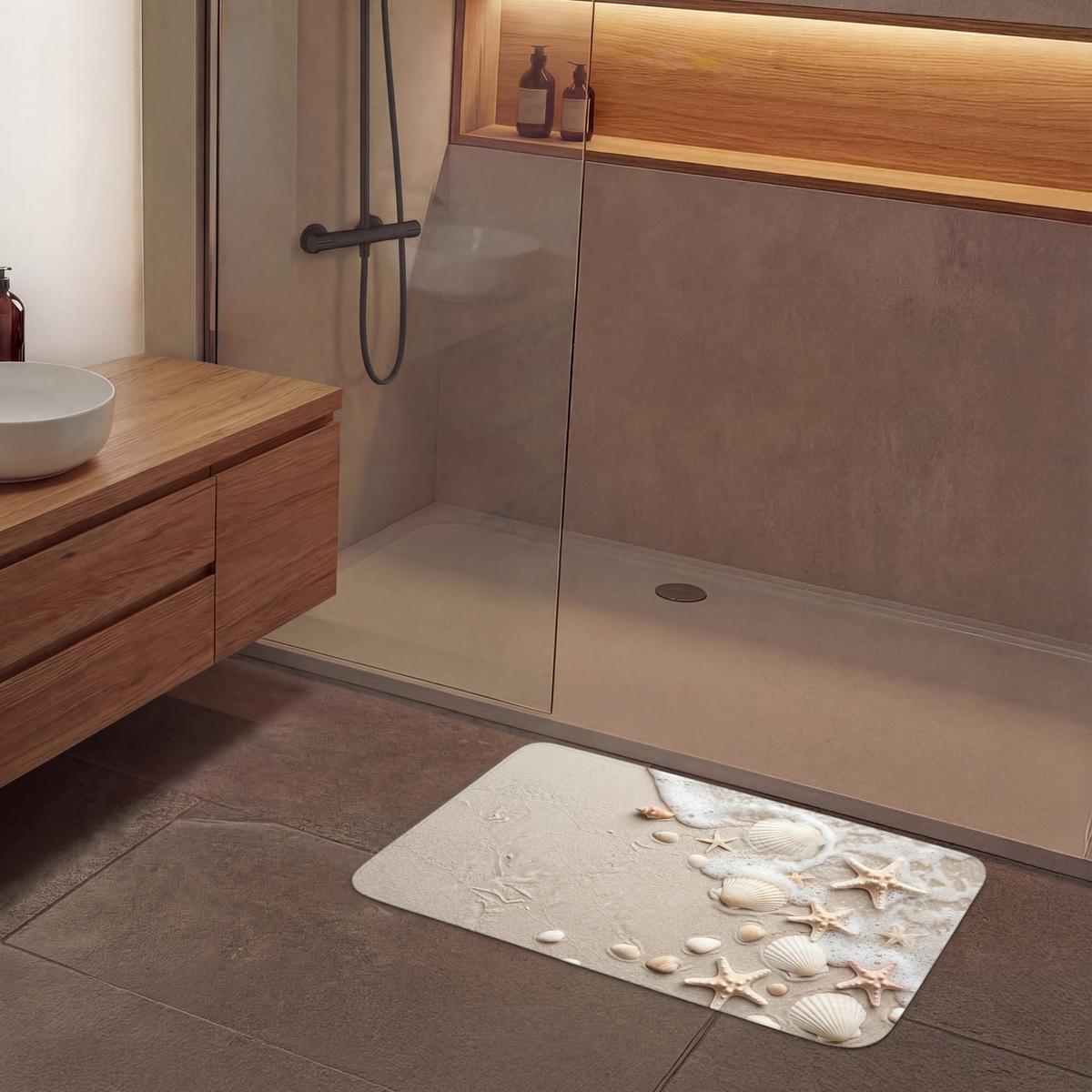 BADEMATTE Muscheln - Seesterne - Strand 90x60 cm - Sandfarben/Creme, Textil (90/60cm) - OnlyWow